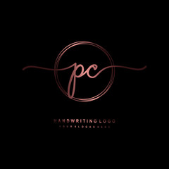 PC Initial handwriting logo design with circle lines dark pink gradation color. handwritten logo for fashion, beauty, team, wedding, luxury logo