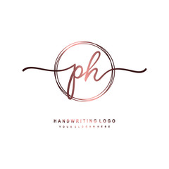 PH Initial handwriting logo design with circle lines dark pink gradation color. handwritten logo for fashion, beauty, team, wedding, luxury logo