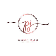 PJ Initial handwriting logo design with circle lines dark pink gradation color. handwritten logo for fashion, beauty, team, wedding, luxury logo