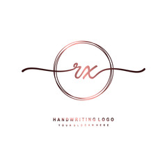 RX Initial handwriting logo design with circle lines dark pink gradation color. handwritten logo for fashion, beauty, team, wedding, luxury logo