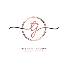 TJ Initial handwriting logo design with circle lines dark pink gradation color. handwritten logo for fashion, beauty, team, wedding, luxury logo