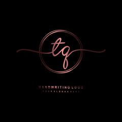 TQ Initial handwriting logo design with circle lines dark pink gradation color. handwritten logo for fashion, beauty, team, wedding, luxury logo