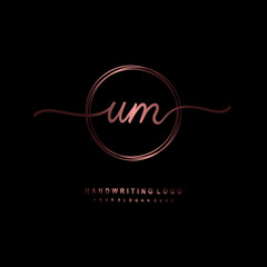 UM Initial handwriting logo design with circle lines dark pink gradation color. handwritten logo for fashion, beauty, team, wedding, luxury logo