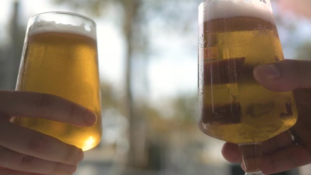 Celebration beer cheers concept - close up hands holding up glasses of beer of people group in outdoor party during their victory competition or successful task meeting vacation