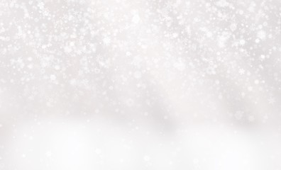 White gray background. white snowflakes, stars shiny and abstract blurred. Happy New Year and Merry Christmas winter holiday. use card wallpaper backdrop product.