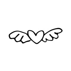 Heart with wings  doodle element. Valentines day element
