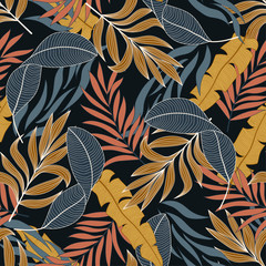 Trend seamless tropical pattern with bright blue and red plants and leaves on dark background.  Vector design. Jungle print. Floral background.   Exotic tropics. Summer.