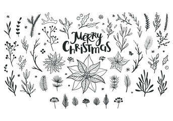 Vector floral Christmas doodles. Big set of decorative floral elements isolated on white. Mistletoe, holly leaves, flowers and berries. 