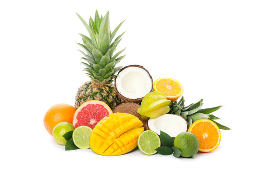 Pile of exotic fruits isolated on white background