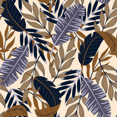 Original abstract seamless pattern with tropical leaves and bright plants on beige background. The seal of the jungle. Vector design. On a floral background. Textiles and printing. Exotic, tropical.