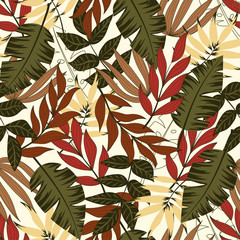 Summer seamless pattern with tropical leaves on white background. Floral pattern. Jungle leaves. Botanical pattern. Vector background for various surface. Trend vector design, beautiful print.