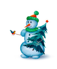 Christmas background with snowman and little bird.
