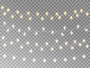 Christmas lights set isolated on transparent background. Glowing white and gold garland lights. Led neon lamp. Bright decoration for xmas cards, banners, posters, web design. Vector illustration