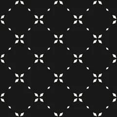 Behang Bloemenprints Minimalistische naadloze bloemmotief. Eenvoudige vector zwart-wit abstracte geometrische achtergrond met kleine bloemen, kruisen, kleine sterren, raster. Subtiele minimale monochrome textuur. Donker herhalingsontwerp