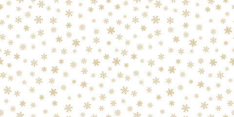 Goldener Schneeflockenhintergrund. Luxusvektor Weihnachtsnahtloses Muster mit kleinen goldenen Schneeflocken auf weißem Hintergrund. Winterurlaub Textur. Wiederholen Sie das Design für Dekor, Tapeten, Verpackung, Website