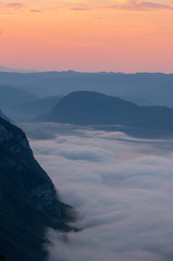 Morning fog in Bohinj valley just before sunrise