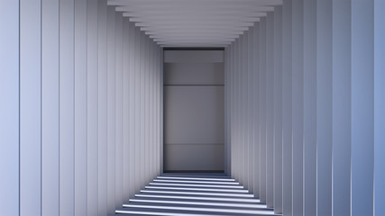 3D rendering minimalist white hall with sun lighting and long shadows. Walls consisting of cubes.
