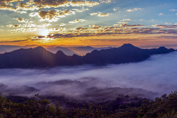Fototapeta na wymiar mountains under mist in the morning