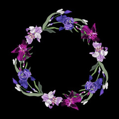 Floral frame with violet,purple,pink flowers and green leaves on black with place for your text.Hand drawn.Irises for wedding invitations, cards, textile, posters, web page. Vector stock illustration.