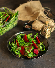 salad beetroot, leaf mix (beet, lettuce, arugula, red chard and more) menu concept. food background. top view. copy space