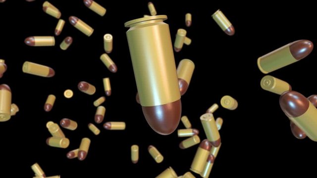 Realistic flying and rotating bullets isolated on black background with alpha channel. Military slow motion concept for broadcast, presentation or games. Colorful 3d animation.