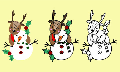 vector of 3 styles of reindeer and snowman the friends in Christmas costume and decoration illustration