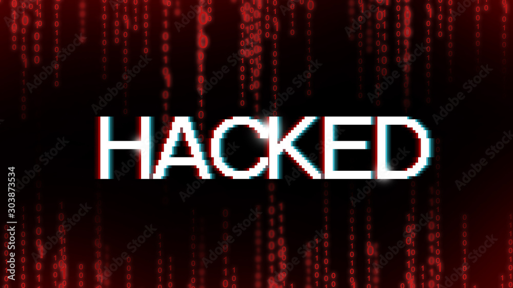 Poster Hacked inscription in pixel style over red binary code stream