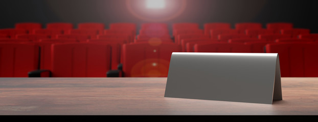 Blank metal sign on a wooden stage, blur theater background. 3d illustration