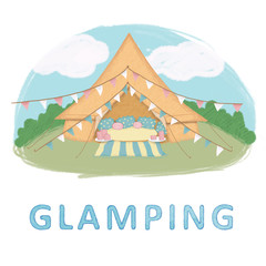Illustration of tents on the day. Concept of glamping, camping, outdoor.  Luxury camping or festival.