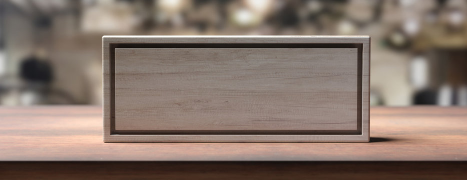 Blank wooden sign on a wooden shelf, blur background. 3d illustration