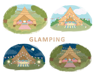 Illustration of tents on the day and at night. Concept of glamping, camping, outdoor.  Luxury camping or festival.