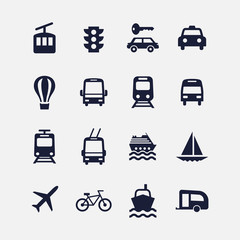 Icon transport set. Vector illustrations with car, boat, plane, train, tram, bus simbols.