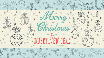banner Christmas new year outline sketches for decoration design style childrens Doodle toys balls hanging left and right on the thread with a congratulatory inscription in the center