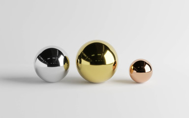 abstract spheres in silver, bronze, gold metal colour for different medals 3d illustration render abstract winner podium theme