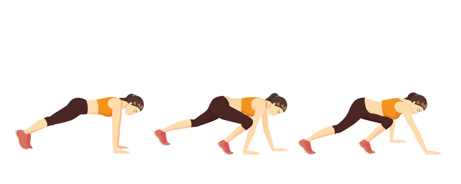 Woman Doing Bear Crawl Exercise In 3 Step For Guide. Illustration About Workout Position Guideline.