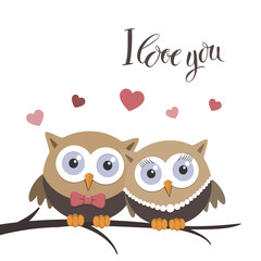 Fototapeta premium Valentine owls in love with message. Greeting card design