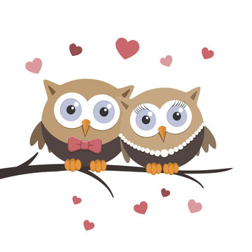 Valentine owls in love on a white background. Greeting card design