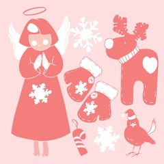 New Year and Christmas graphic drawings, Christmas toys and decorations, sweets, gifts, cookies, Christmas angel, snowflakes, sparrow, deer, mittens on a pink background, raster copy