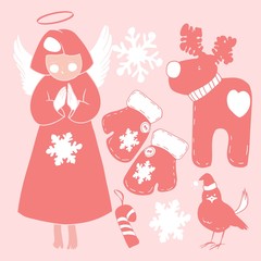New Year and Christmas graphic drawings, Christmas toys and decorations, sweets, gifts, cookies, Christmas angel, snowflakes, sparrow, deer, mittens on a pink background, vector, for congratulations