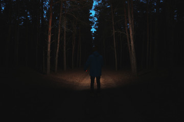 Man with bright flashlight in forest at night - obrazy, fototapety, plakaty