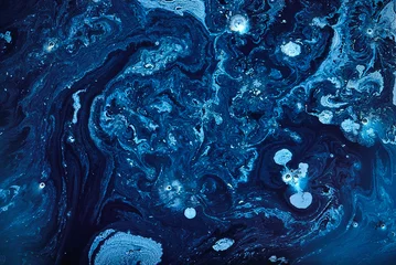 Fotobehang Abstract liquid blue colors outer space background. Exoplanet cosmic sea pattern, paint stains © amixstudio