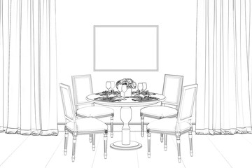 Sketch of dining room with tiled floor and two windows with curtains, with a picture and a table served for four. Front view. 3d render