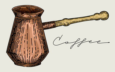 turkish coffee pot, hand drawn vector, engraving style - obrazy, fototapety, plakaty
