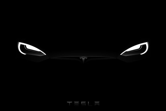 Headlights of black Tesla Model S in the dark. Vector illustration EPS 10	