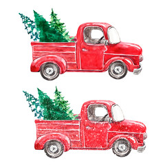 Hand painted Christmas red pickup truck set and holiday fir trees. Watercolor winter illustration. Vintage cars in cartoon style for seasonal greeting, cards, banners. - obrazy, fototapety, plakaty