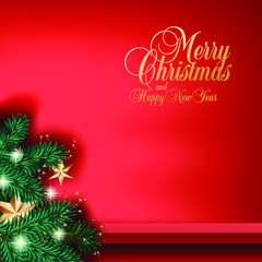 Fototapeta na wymiar Christmas tree, stars and lights vector square banner or social media post template with red shelf for goods on the wall. Golden Merry Christmas and Happy New Year calligraphic lettering on red backgr