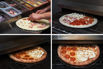 Set photos of making pizza at kitchen of pizzeria