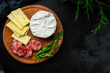 Fototapeta na wymiar camembert or brie, cheese plate appetizer, snack ( snack, cheese with mold and sausage) menu concept. food background. top view. copy space