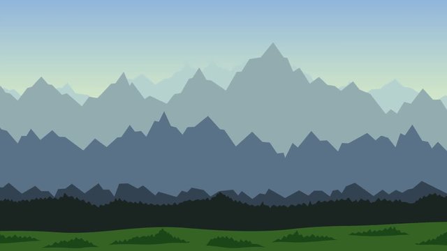 Misty peaky mountains looping landscape. Game scene animation
