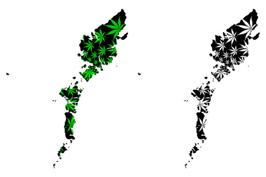 Comhairle nan Eilean Siar (United Kingdom) map is designed cannabis leaf green and black, Na h-Eileanan Siar (Outer Hebrides and Isle of Lewis) map made of marijuana (marihuana,THC) foliage....